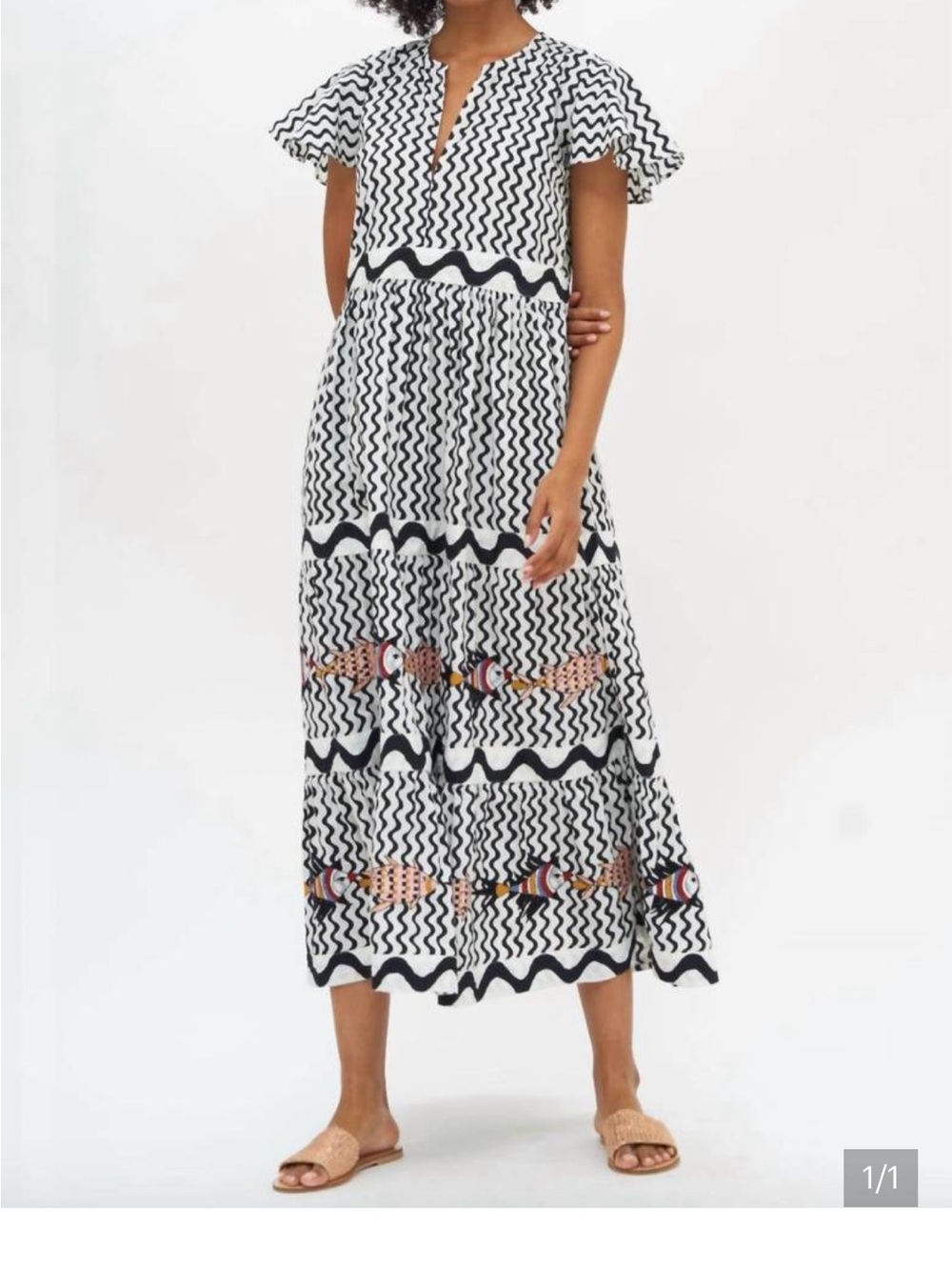 Oliphant Black and White Wavy Print Top with Orange Logo Tag